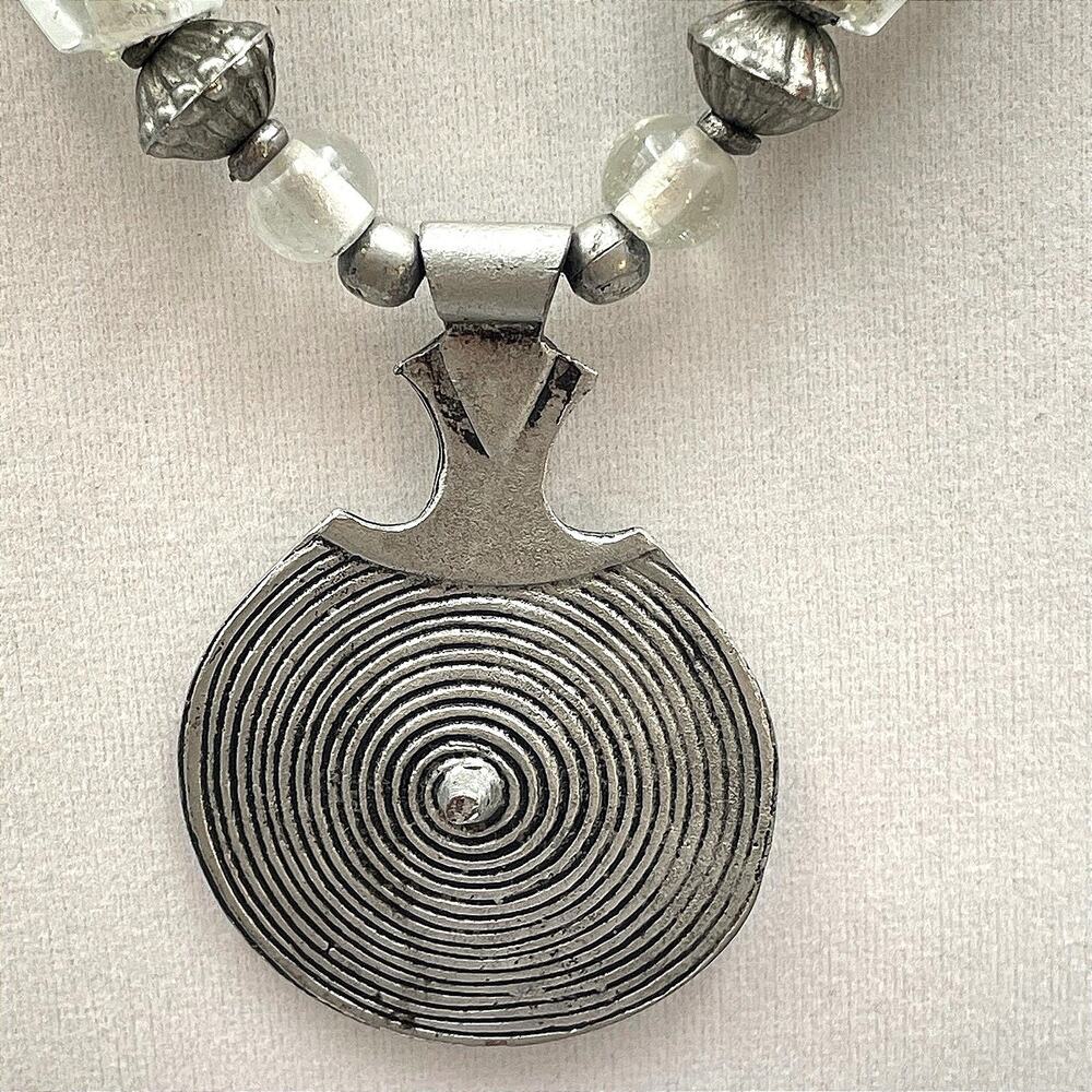 VTG Silver-Tone Chunky Dichroic Glass Beaded Brutalist Spiral Disc Pendant Bib